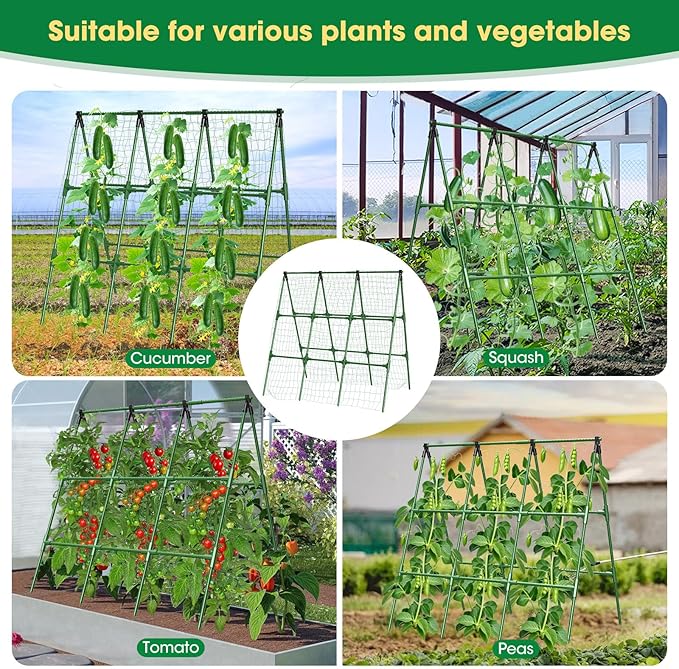 51x53 Inch Cucumber Trellis for Raised Bed,Foldable A-Frame Garden Trellis for Climbing Plants Outdoor with Climbing Net,Plastic-Coated Steel Core,for Cucumber Beans and Vine Type Plants ﻿