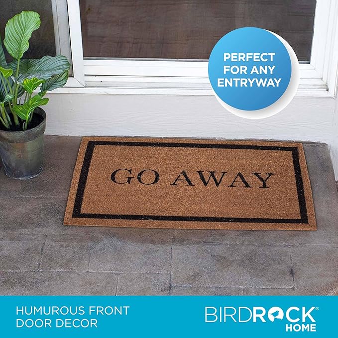 BIRDROCK HOME Go Away Coir Doormat | 18 x 30 Inch | Standard Welcome Mat with Black Border and Natural Fade | Vinyl Backed | Outdoor
