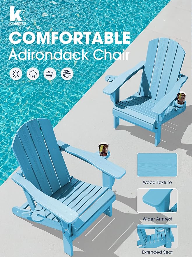 KINGYES Folding Adirondack Chair with Dual Cup Holders - HDPE All-Weather Outdoor Chairs, Wood-Like Patio Chair for Backyard, Camping, Pool & Fire Pit, Light Blue