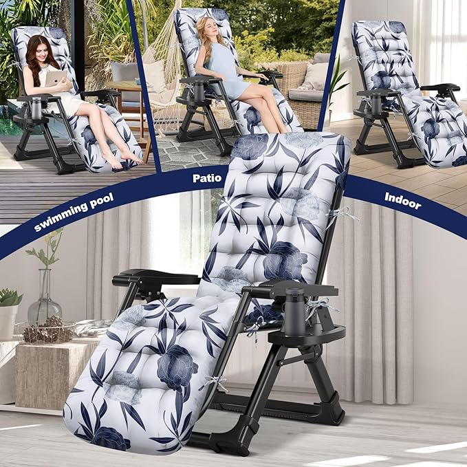 Zero Gravity Chair Cushion Outdoor Chaise Lounge Chair Cushion Waterproof 66 x 21 x 4 Inches Cotton with Ties, Soft Thickened Indoor Outdoor Furniture (Blue Enchantress)