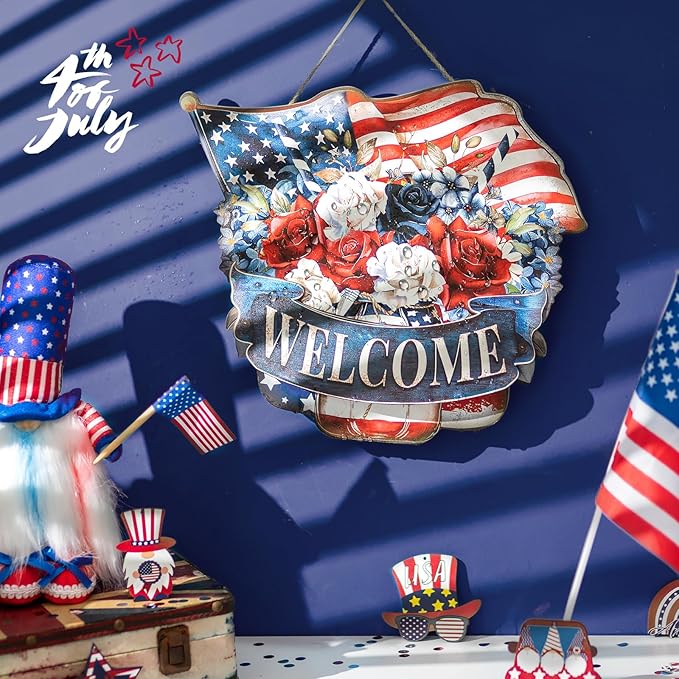 4th of July Decorations for Door: Metal Patriotic Wreath Outdoor 14" Red White and Blue Decor Fourth July Memorial Day Sign Large Mason Jar Wall Hanging Independence Vintage for Outside Indoor