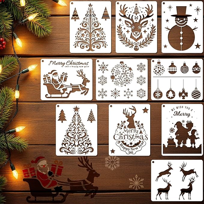 YKW 10 Pcs Christmas Stencils Set - Reusable 7.9x6.3 Inch Holiday Templates for Painting on Wood and DIY Decor - Snowman, Tree, Reindeer Designs - Craft Kit for Adults - Festive Art Supplies
