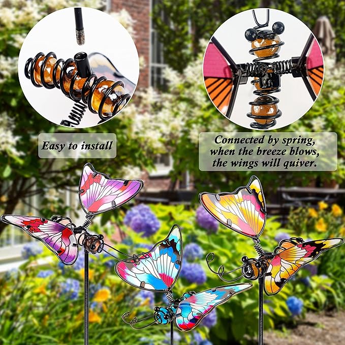 Juegoal Set of 3 Butterfly Garden Stake Decor, 20 Inch Colorful Butterflies Stakes, Glass & Metal Yard Art Ornaments for Mom, Mothers Day Ideal Gifts, Outdoor Lawn Pathway Patio Plant Pot, Flower Bed