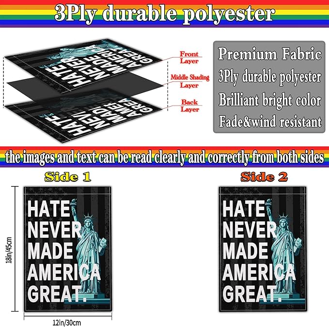 Hate Never Made America Great Garden Flag Hate Has No Home Here Pride Yard Sign Garden Flags for Outside 12x18 Double Side Equality Diversity Peace Garden Flag Outdoor House Decorations