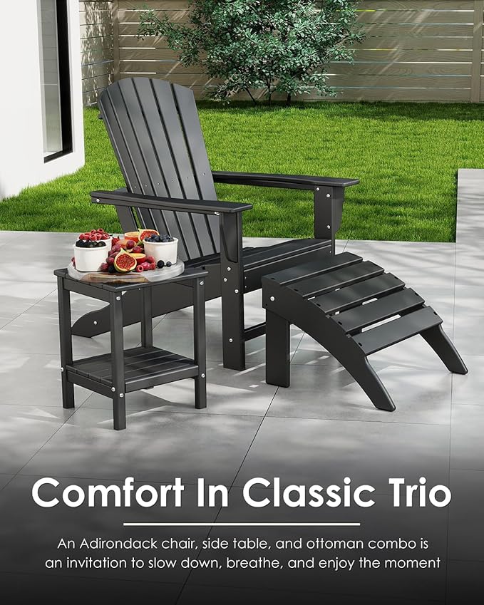 GREENVINES Adirondack Chairs Set of 2 | HDPE Plastic | Oversized Fire Pit Chair | All Weather | Black | Poly Lumber | for Outdoor Deck Backyard Patio Garden