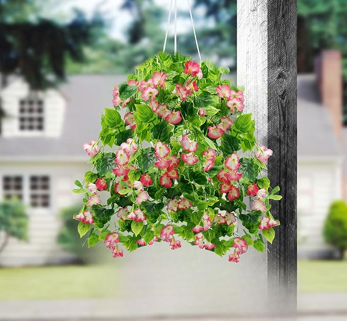 FERIAL Artificial Vines Rosered Morning Glory Vine Artificial Flowers Hanging Plants Garland Fake Green Plant for Wall Fence Indoor Wedding Banquet Decor