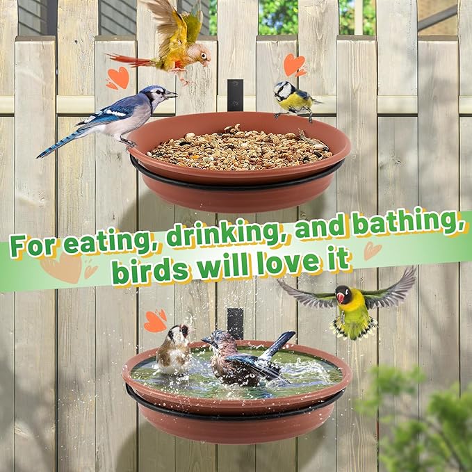 Fence Bird Feeders Tray - Tree Mounted Wild Bird Bath for Outdoors Place Food Water, Installed on Deck Wall Stakes with Heavy Duty Iron Ring, 8.3'' Dia. (Brown)