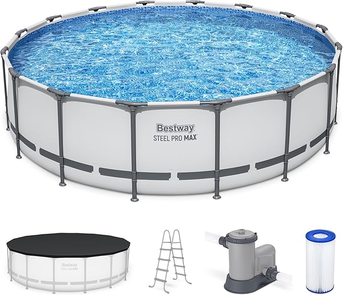 Bestway Steel Pro MAX 16' x 48" Above Ground Pool, Round Metal Frame Outdoor Swimming Pool Set with Filter Pump, Ladder, and Cover, Gray