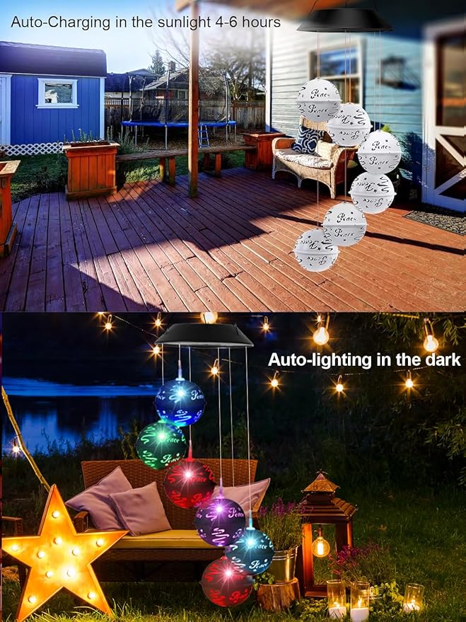 Solar Wind Chimes for Outside, Birthday Grardening Gifts for Mom Grandma Women, Color Changing Ball Christmas Decorations Wind Chimes Outdoor Solar Hanging Lights for Garden Yard Patio Party