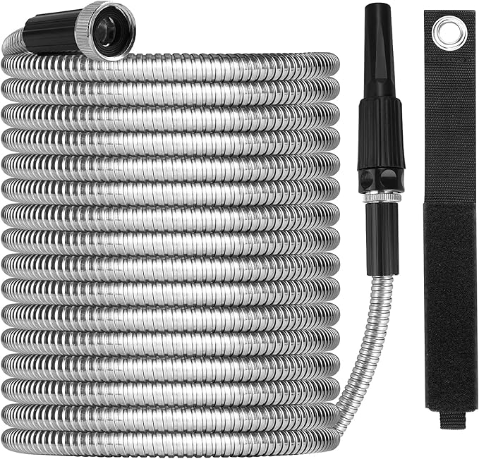 OnBrand Metal Garden Hoses for Yard 100ft, Lightweight Stainless Steel Garden Water Hose with Adjustable Nozzle, Flexible Garden Hose with Storage Strap for Outdoor Lawn Yard, No Kinks and Tangles