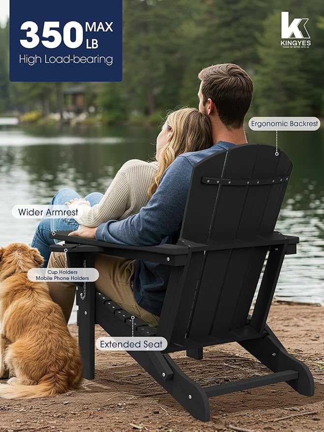 KINGYES Folding Adirondack Chair Set of 2, Dual Cup Holders & All-Weather HDPE, Wood-Like Patio Chair for Backyard, Camping, Pool & Fire Pit, Black