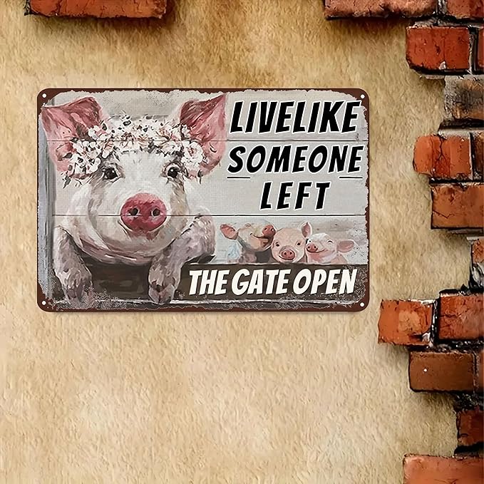 Vintage Metal Farm Signs-Funny Pigs Decor Sign Live Like Someone Left The Gate Open Tin Sign for Home Farm Fence Kitchen Bedroom Wall Decor 8x12 inches