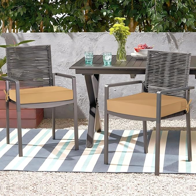 Waterproof Outdoor Chair Cushions Set of 2, Square Outdoor Seat Cushions with Ties and Removable Covers, 19 x 19 Outdoor Cushions for Patio Furniture with Portable Handle(Khaki)