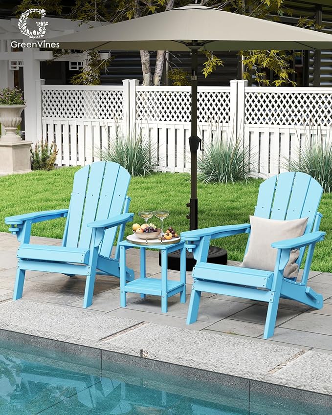 GREENVINES Folding-Adirondack-Chair | HDPE Plastic | Fire Pit Chairs | All Weather | Cup Holder | Arctic | for Deck Backyard Patio Outdoor Garden