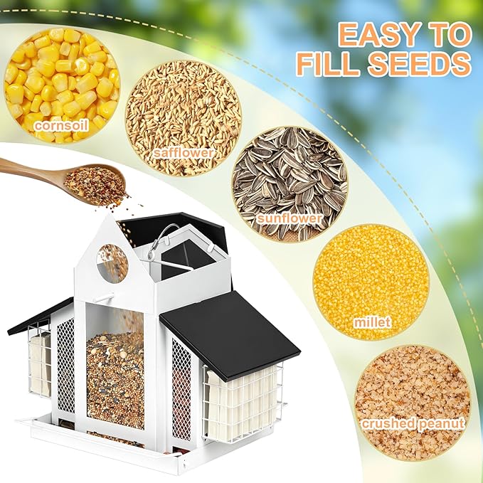 White Metal Bird Feeder Birdhouse, Outdoor Hanging Wild Bird Feeders for Outdoors, Perfect Birdhouses for Outside Bird Lovers