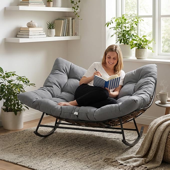COSIEST Oversized Papasan Rocking Chair with Extra Thick Cushion - 58 in Rattan Wicker Egg Chair for Indoor/Outdoor Use, Swivel Lounge Chair for Patio, Living Room, Bedroom, Grey