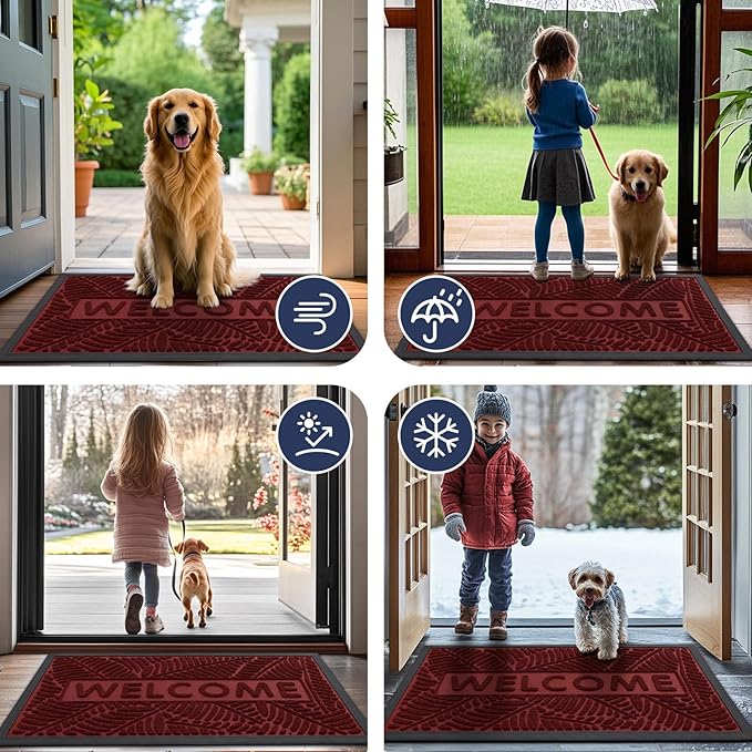Smiry Welcome Mat Indoor Outdoor, All-Season Waterproof Front Door Mat, Sturdy Natural Rubber Doormat, Non-Slip, Easy Clean, Low Profile Dirt Trapper for Porch Patio Entrance, 47x23, Wine Red