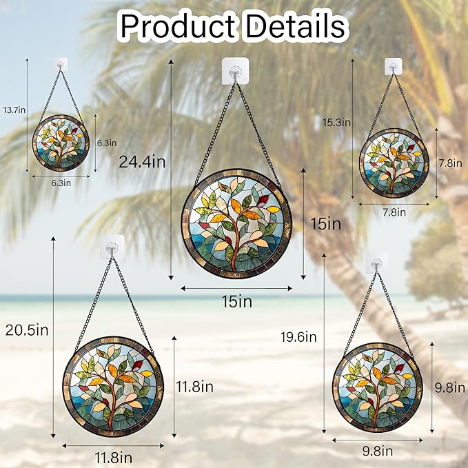 Stained Glass Window Hanging Colorful Tree of Life 9.8" - Plant Leaves Suncatcher Door Garden Sun Catcher Home Decor Birthday Christmas for Mom Men Woman Nana Friend