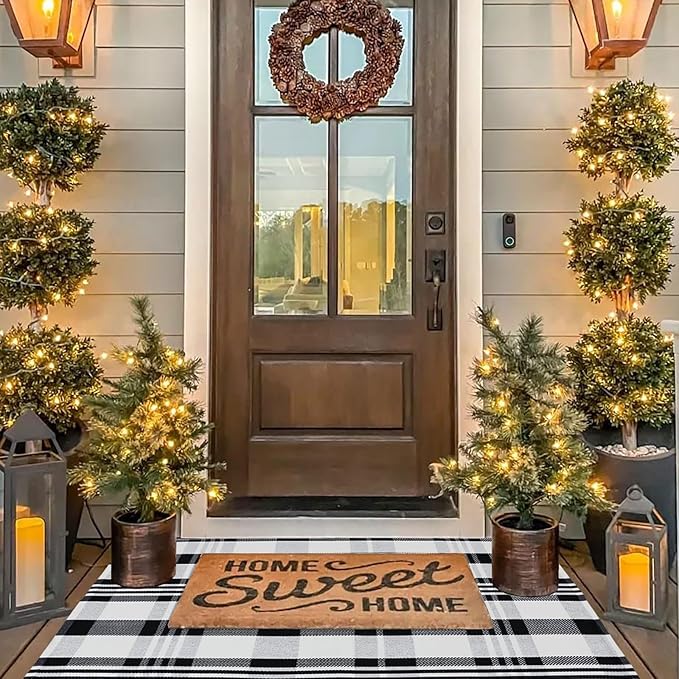 Fall Décor Plaid Rug, 2'4" x 3'7" Black&White Check Indoor/Outdoor Area Rug, Layering Rug for Hello/Welcome Doormat, Machine Washable Cotton Woven Rugs for Farmhouse Front Porch,Entryway