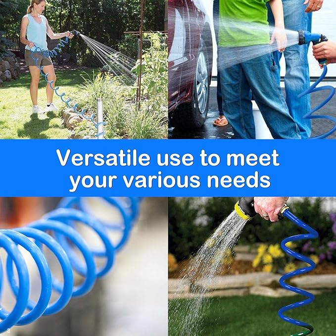 EVA Coil Garden Hose for Gardener: Retractable Self Coiling Hoses with 3/4" GHT Solid Brass Fittings - Kink Free and Flexible for Home and Garden Yard (25FT, Blue)