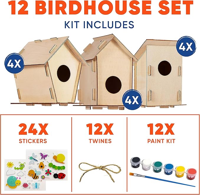 12 DIY Bird House Kits For Children to Build - Wood Birdhouse for Kids to Paint - Unfinished Bird Houses for Kids - Wood Craft Project Kits - Wooden Arts & Craft for Girls & Boys - Classroom Activity