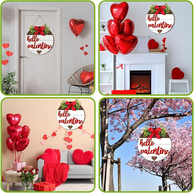 Boao Hello Valentine's Day Wooden Hanging Sign Farmhouse Door Decor Hello Valentine Vintage Heart Red Bow Door Wreath Rustic Wall Plaque Decorations for Window Wall Front Porch Hanger