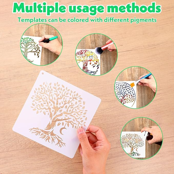 Tree of Life Stencils, 16 PCS 6x6 Inch Plant Reusable Plastic Paint Templates for Painting on Wood, Trees Stencils Set for Spraying Rock Canvas Drawing Art Fabric Tile Home DIY Craft Decoration