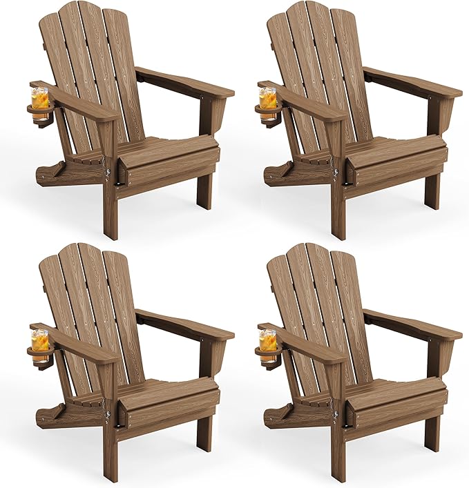 KINGYES Folding Adirondack Chair Set of 4, HDPE All-Weather Patio Chairs with Cup Holder, Wooden Textured Fire Pit Chairs for Poolside, Backyard, Deck, Brown