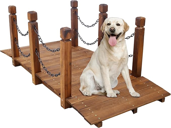 5 FT Wooden Garden Bridge, Stained Finish Decorative Pond Bridge, Stained Wood Arc Footbridge with Chain Railings for Backyard Creek Farm, Decorative Pond Bridge, Easy to Assemble, Brown