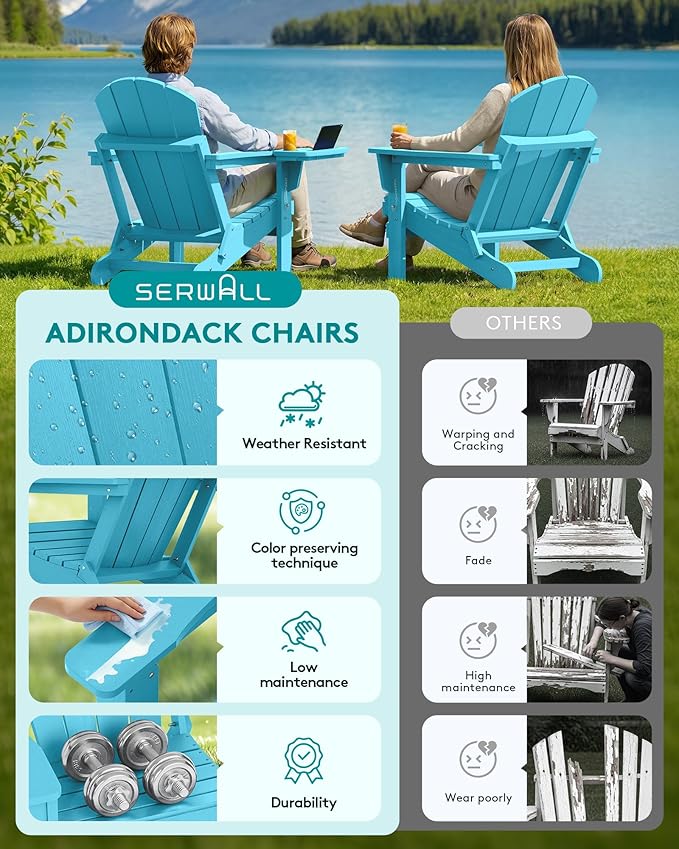 SERWALL Folding Adirondack Chair Set of 4, Outdoor Adirondack Chairs with 4 in 1 Cup Holder, Wood Texture Patio Chairs, Weather Resistant Fire Pit Chairs for Patio Deck Garden, Backyard - Aruba Blue