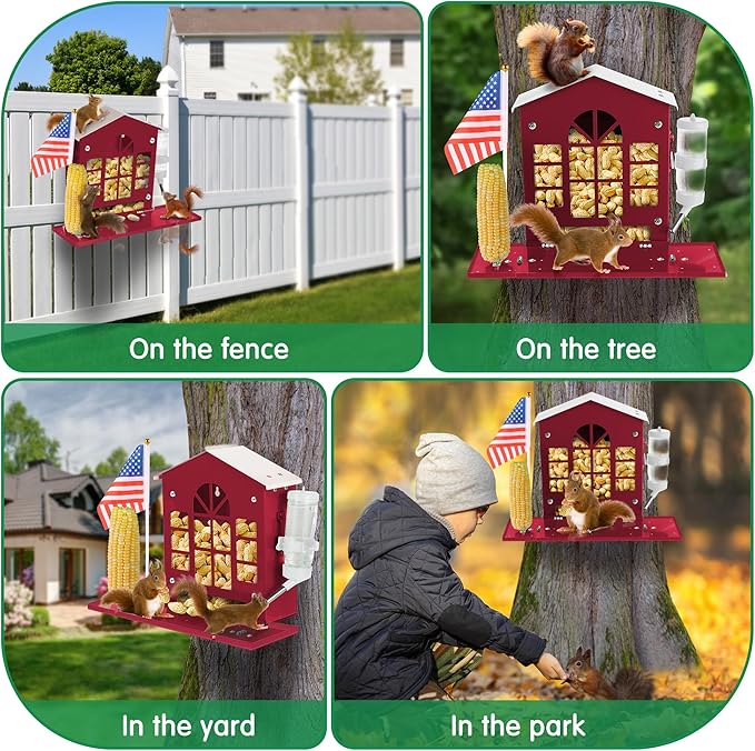 Metal Squirrel Feeder for Outside, Hanging Squirrel House for Outdoors with Water Bottle, Flag and Corn Cobs Holder, Peanut Feeder for Chipmun，Red