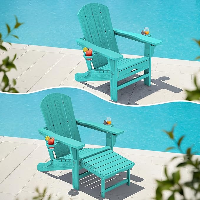 KINGYES Folding Adjustable Adirondack Chair with Ottoman & 2 Cup Holders, HDPE Adirondack Recliner Chair with Footrest, Aruba
