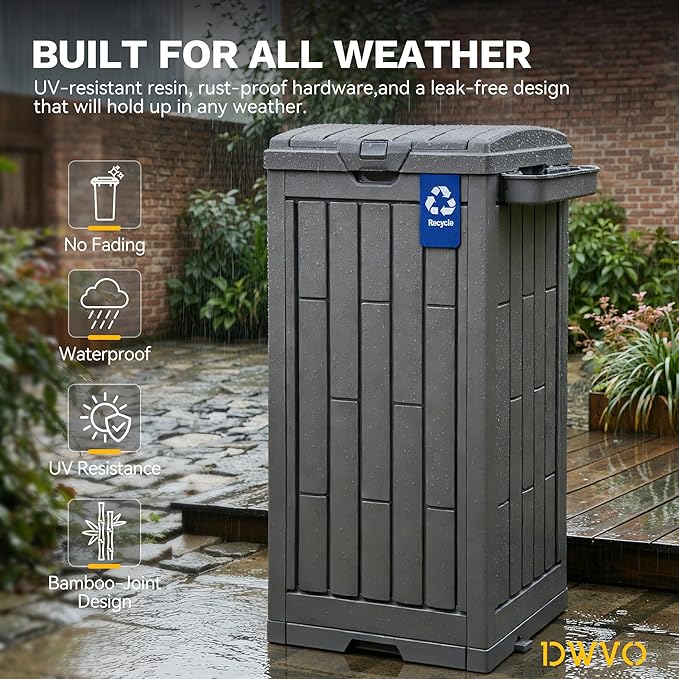 DWVO 38 Gallon Outdoor Trash Can, Set of 2 Resin Garbage Bins with Lids, Includes 2 Sorting Labels, Ash Holder, Stakes & Suction Cups, Hideaway Storage for Patio Backyard Garden, Light Brown