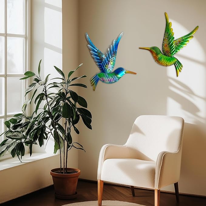 HONGLAND Metal Hummingbird Wall Art 12inch Metal Birds Wall Sculpture Garden Decoration Outdoor Statue Patio Fence Hanging Plaques 2 Pack（Blue-Green）