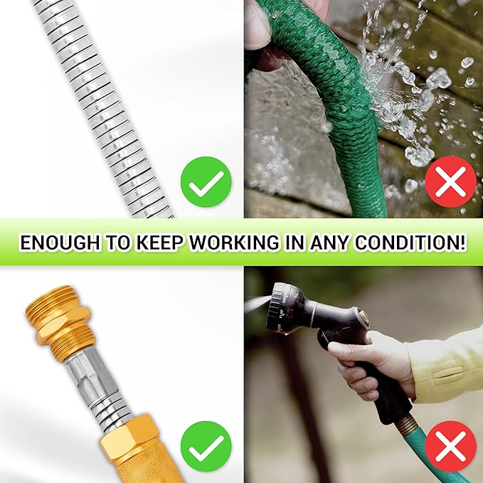 NGreen Stainless Steel Garden Hose - Flexible Metal Water Hose with Nozzle, Puncture, Rust Proof and Corrosion Resistant, Never Kink and High Pressure, Collapsible and Easy to Store (100FT)