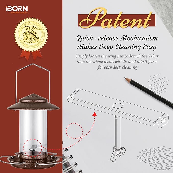 iBorn Bird Feeder Metal Squirrel Chew-Proof Bird Feeders for Outdoors Hanging Outside for Cardinal, Holds 1.5LB Seed with 3 Perchs, Brushed Coffee (Seed is not Included)