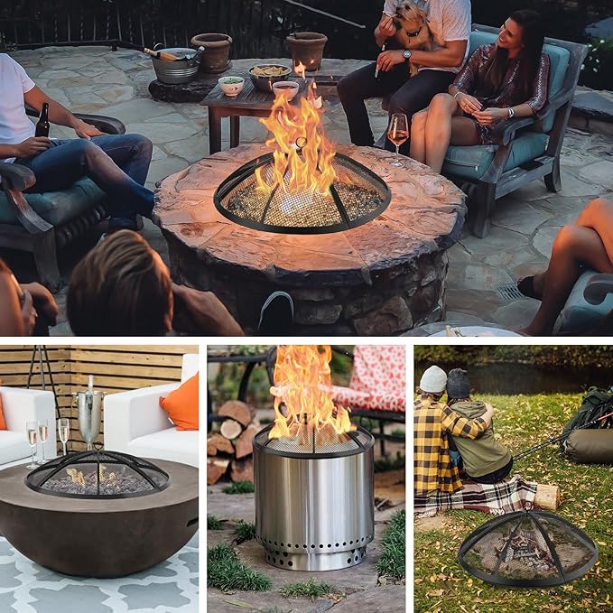 Fire Pit Spark Screen, Fire Pit Screen 36 Inch Round with Handle & Poker, Collapsible Heavy Duty Mesh Fire Pit Cover Fire Pit Lid for Outdoor/Patio/Backyard/RV Camping/Beach