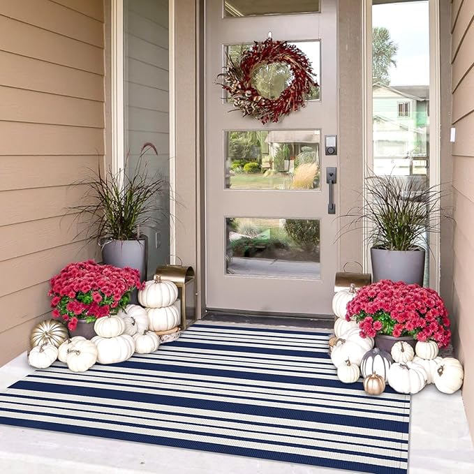 IOHOUZE Navy and White Striped Rug 3'x5' Front Door Rugs Outdoor, Washable Area Rug for Front Porch, Spring Summer Doormats Outdoor Indoor, Cotton Rugs for Entryway Porch Entrance