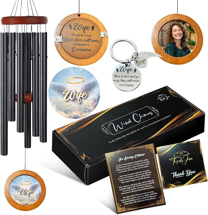 Personalized Memorial Wind Chimes with Custom Photo Pendant & Letter from Heaven | Sympathy Gift for Loss of Loved One, 32-Inch Outdoor Chime for Remembrance (Wife)