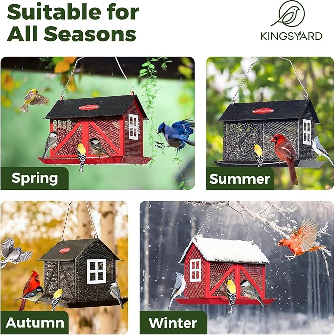 Kingsyard Metal Bird Feeder for Outdoors Hanging, 2-in-1 Wild Bird Feeder with Seed Tray & Built-in Perch, 5 lb Large Capacity for Cardinal Chickadee Finch, Red
