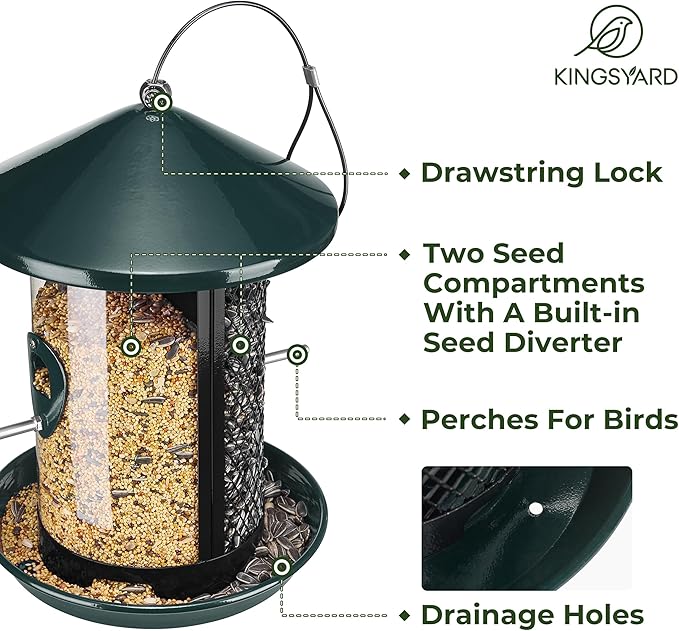 Kingsyard Metal Bird Feeder for Outdoor Hanging - Chew Proof Wild Bird Finch Cardinal Feeder with Dual Chamber of 4 lbs Capacity for Bluebird, Green