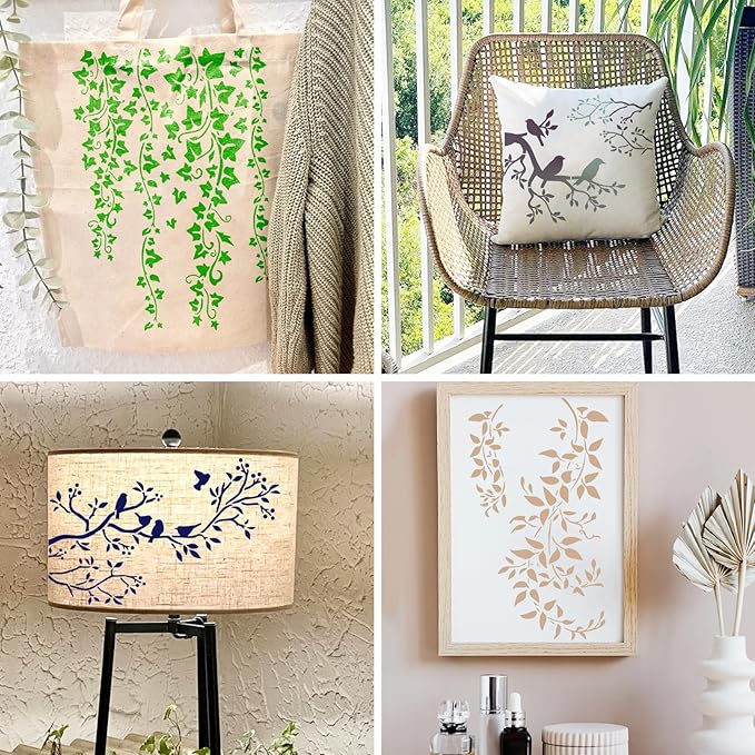 Tree Leaf Vine Stencils for Painting on Wood, Large Bird Branches Stencils for Crafts Reusable Wood Burning Drawing Art Paint Stencil and Patterns for Wall Furniture Canvas (Tree)