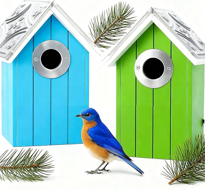 2PK Cedar Bluebird House, Wooden Bird House for Outside, 1.5" Entrance Hole Size, Stainless Steel Entrance Hole Protector, Silver Metal Roof, Colorful Garden Decorative (Green+Blue) Updated Version