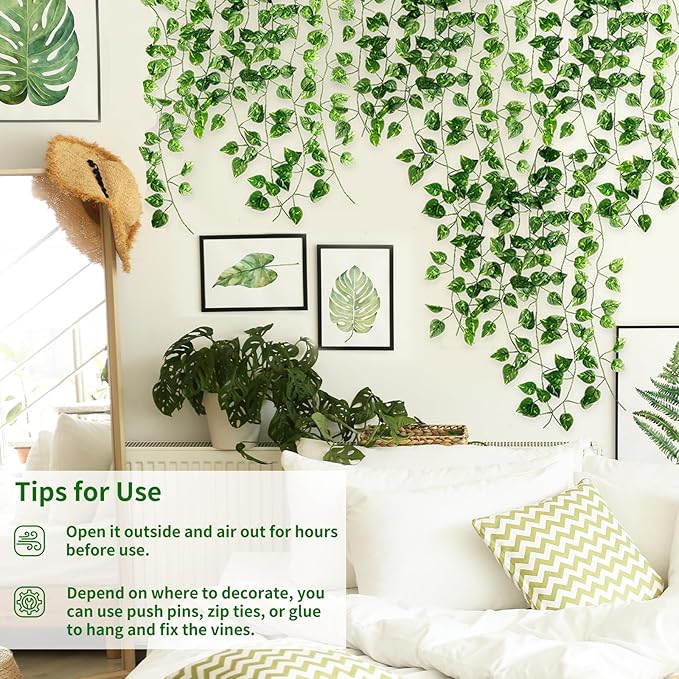 CEWOR 72 Pack 474ft Fake Vines with Leaves for Bedroom Decoration, Ivy Garland Fake Ivy Leaves Artificial Greenery Garlands Hanging Vines for Room Decor Wedding Wall Indoor Outdoor