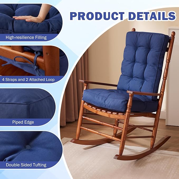 Rocking Chair Cushion, Waterproof and Fade-Resistant Patio Chair Cushions, Tufted Chair Pads for Rocker Furniture, 17x17 Inch, Indoor/Outdoor Seat Cushions with Ties, Navy Blue