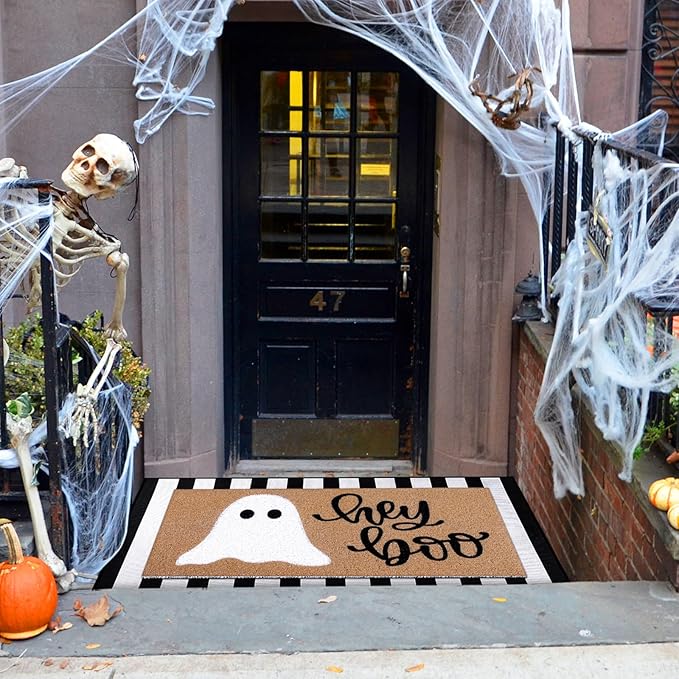 Tinideya 2 Pcs Halloween Doormat Hey Boo Ghost Outdoor Welcome Mats for Front Door Non Slip Ghost Coir Floor Mat Black White Stripe Halloween Rug for Outside Front Porch Entryway Decor