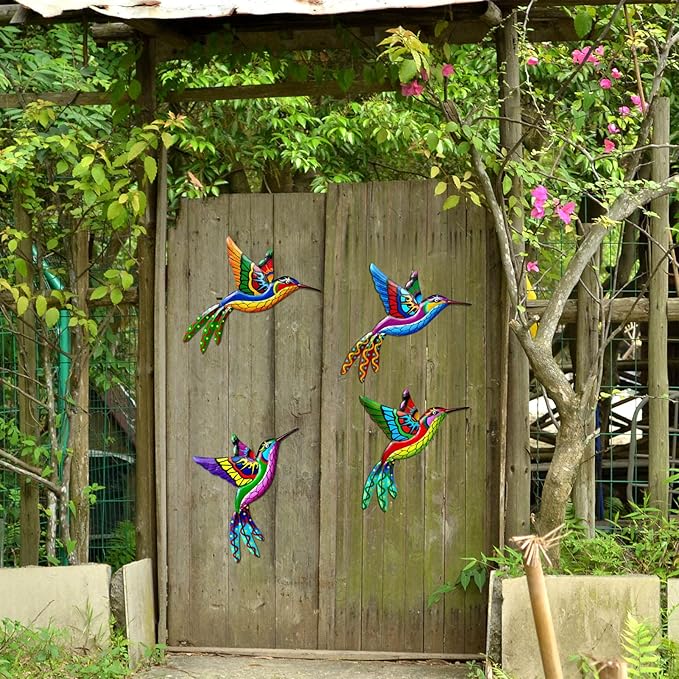 ZYP Metal Outdoor Wall Art Decor,3D Colorful Garden Birds Sculpture Outdoor Iron Hanging Decor Ornaments, Metal Hand-Made Bird Wall Art Decorations for Fence Patio Balcony Living Room,Hummingbird