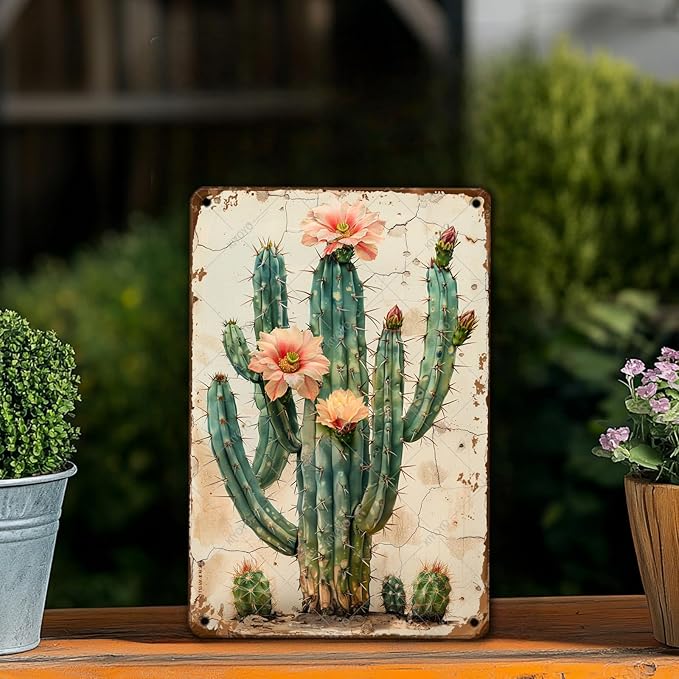 Vintage Tin Sign Cactus Wall Art Cacti Art Wall Sign Decor for Home Kitchen Garage Outdoor Yard Farmhouse 12x8 Inch