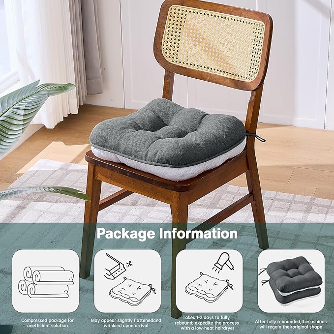 BETU Chair Cushions for Dining Chairs Set of 2,3.5" Thick Kitchen Table Chair Pads with Ties,Non Slip Backing and Covers, Seat Cushion for Dining Room,Bar,Patio Chairs,16"X16"X3.5",Dark Grey
