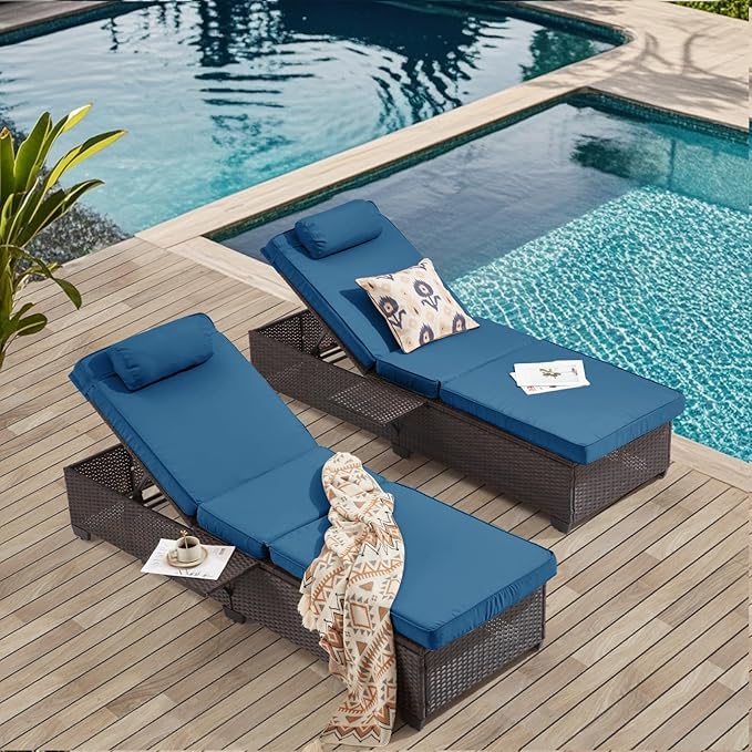 Outdoor Lounge Chairs, Pool Lounge Chairs Set of 2, Outdoor Chaise Lounge with Adjustable Backrest & Cup Holder,Peacock Blue